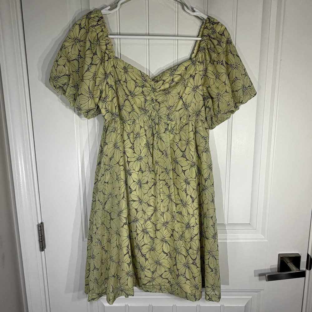 Lena Yellow Floral Puff Sleeve Mini Dress Women's Small Cottagecore